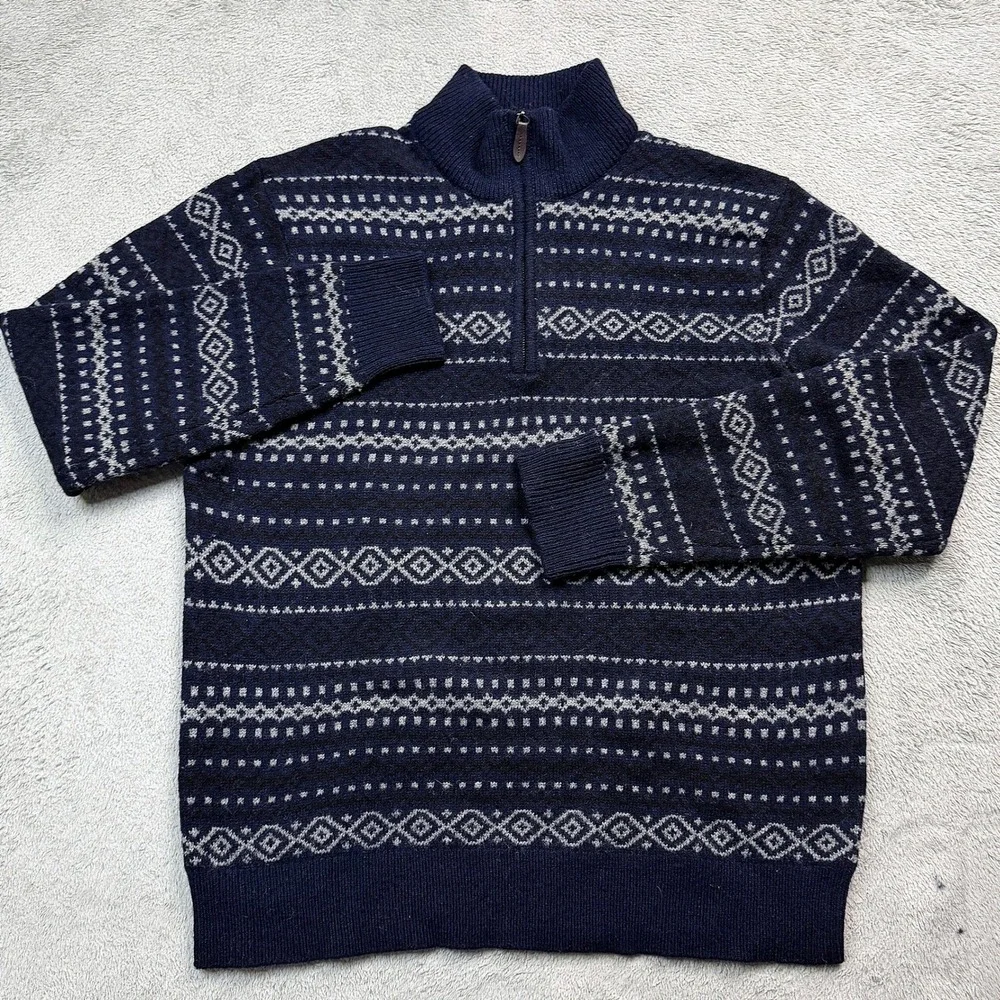 Lincs DC & Co Mens Med. Lambswool Quarter Zip Sweater Navy Blue Fair Isle Knit